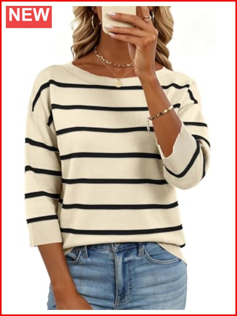 Womens 3/4 Sleeve Boat Neck Lightweight Knit Pullover Sweater